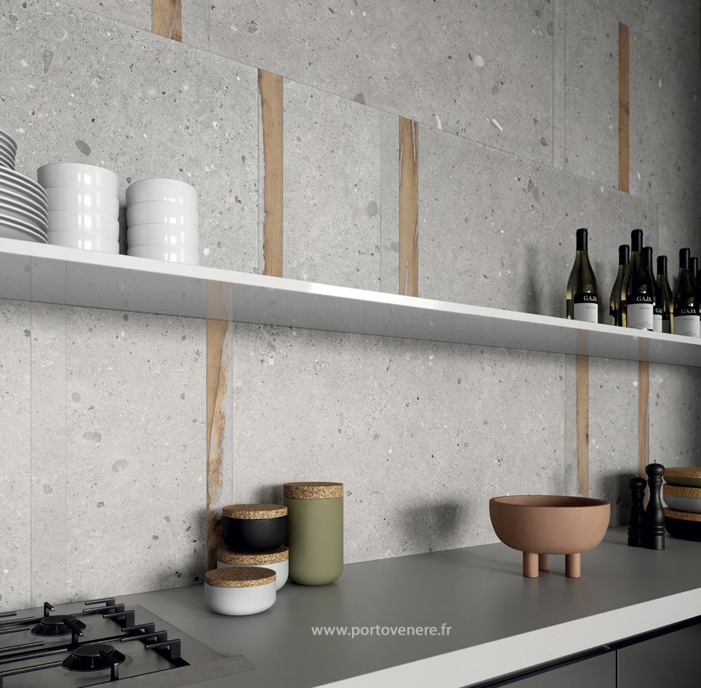 Carrelage crédence cuisine imitation béton & bois en grès cérame