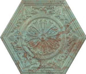 Carrelage-hexagonal-vert-de-gris--à-relief-et-motifs-anciens-en-grès-cérame_Collection_ACIER_près-de-Paris_75