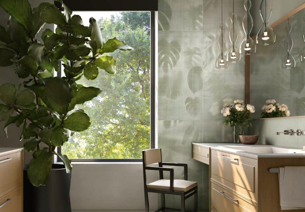 Carrelage mural effet vitre opaque avec plantes en transparence