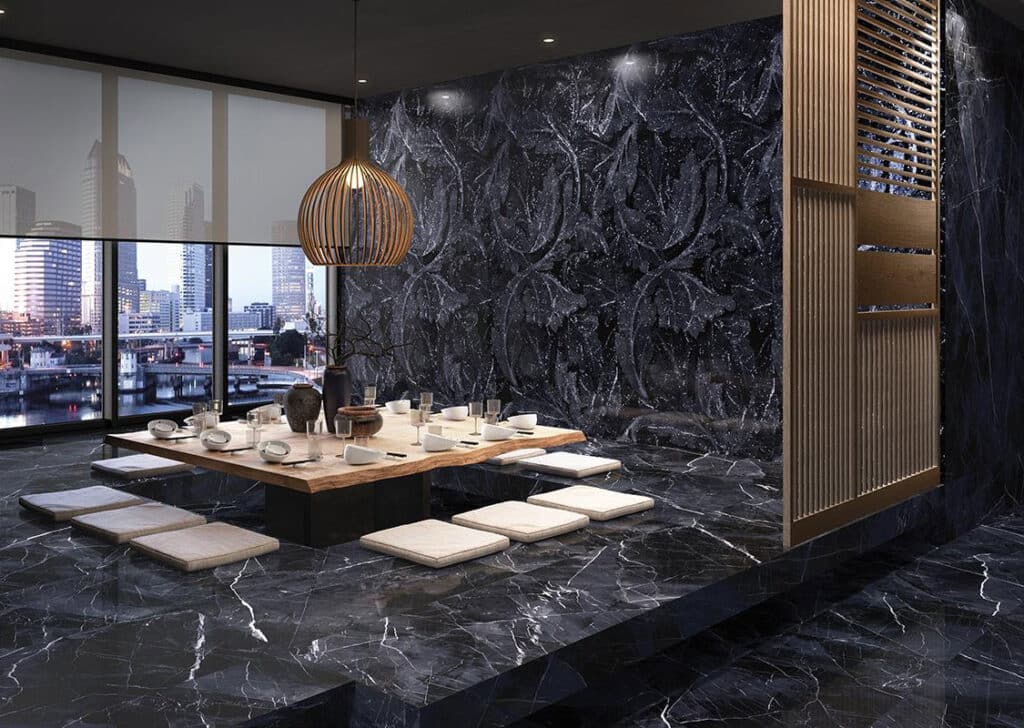 Carrelage sol et mur haut de gamme effet marbre noir calacatta black collection SUBLIMIS REVOLUTION au magasin PORTO VENERE MONTPELLIER dans l'Hérault 34