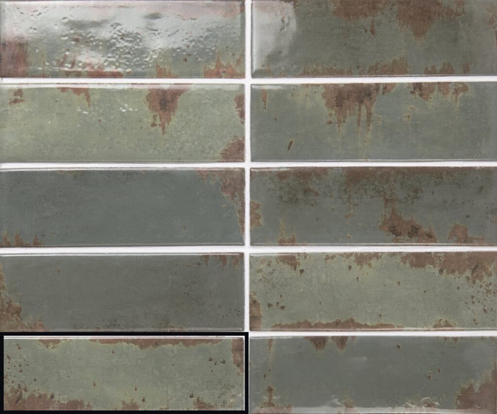 Carrelage vert d'eau effet métal oxydé format brique 5x15 cm pour crédence murale salle de bain cuisine ou chambre style industriel