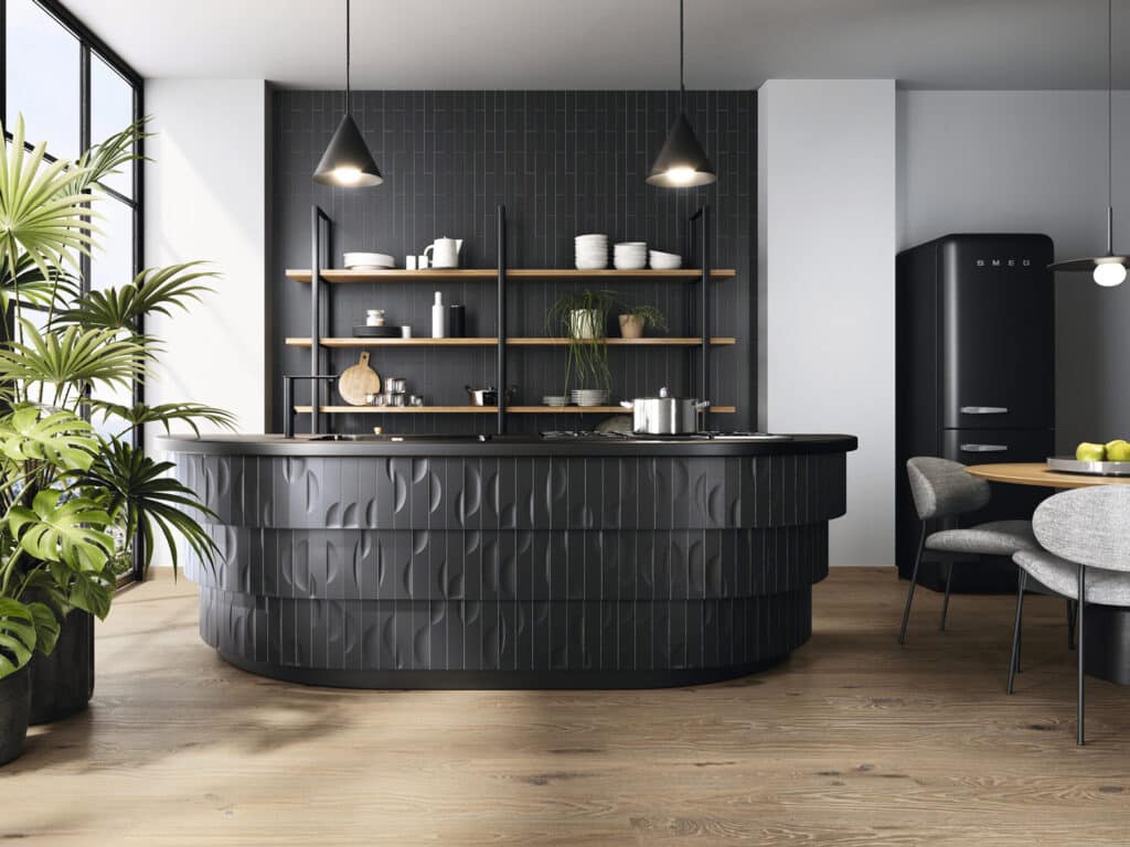 Bar ilot de cuisine avec habillage en carrelage crédence Pimp coloris NOIR Night à relief et habillage mural en PIMP lisse