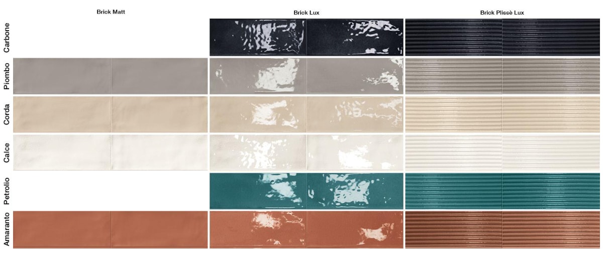 choix de 6 couleurs pour le carrelage petit format brique 75 x 200 mm Sacouba chez Porto Venere à Montpellier Hérault