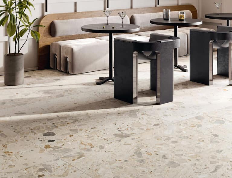 Carrelage XXL effet terrazzo en grès cérame 5 coloris disponibles en finition terrazzo léger ou plus marqué TIVOLI pour intérieur et extérieur - Magasin Porto Venere à Montpellier 34