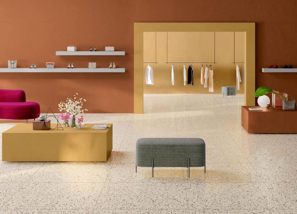 Carrelage style terrazzo en grès cérame de qualité MED white - Magasin Porto Venere à Montpellier 34