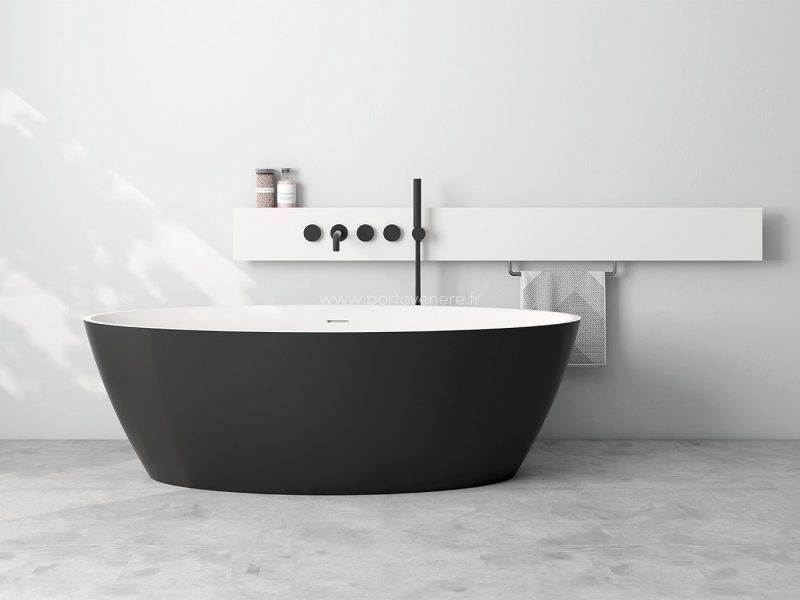 Baignoire ilot bi-ton en solid surface noir et blanc de forme ovale avec trop plein SN5-SPC 3