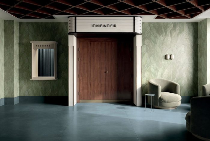 Carrelage mural à motif de feuilles vert et blanc – modèle Fogliame Verde 60x120 cm, décoration intérieure haut de gamme disponible chez Porto Venere Montpellier (Hérault 34).