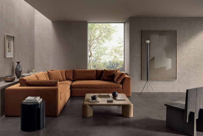 Carrelage aspect pierre naturelle cannelée Maljat Argil et Moka ambiance sejour 2