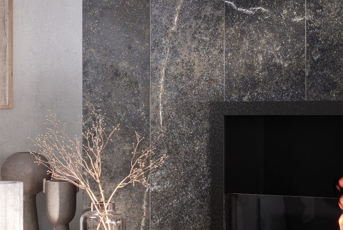 Carrelage aspect pierre naturelle foncée Granada Nero ambiance sejour 2