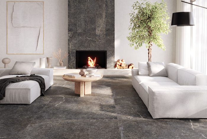 Carrelage aspect pierre naturelle foncée Granada Nero ambiance sejour