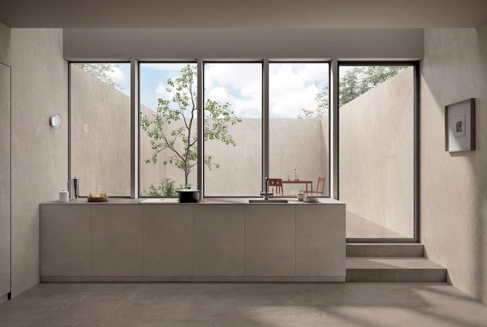 Carrelage aspect pierre naturelle grand format épurée Maljat Beige ambiance cuisine 2