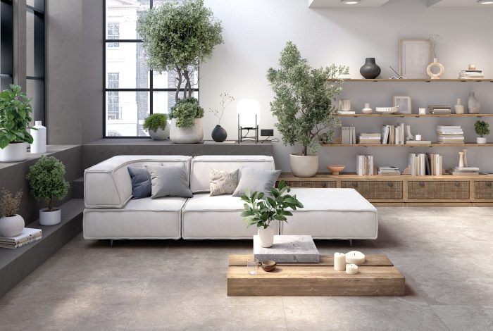 Carrelage aspect pierre naturelle grise Granada Grey ambiance sejour