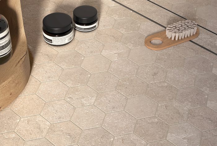 Carrelage aspect pierre naturelle grise Granada Lin ambiance salle de bain 3