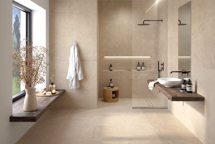 Carrelage aspect pierre naturelle grise Granada Lin ambiance salle de bain