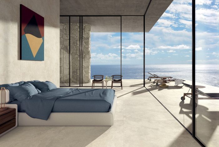 Trani naturel au sol et antidérapant sur terrasse et soft au mur