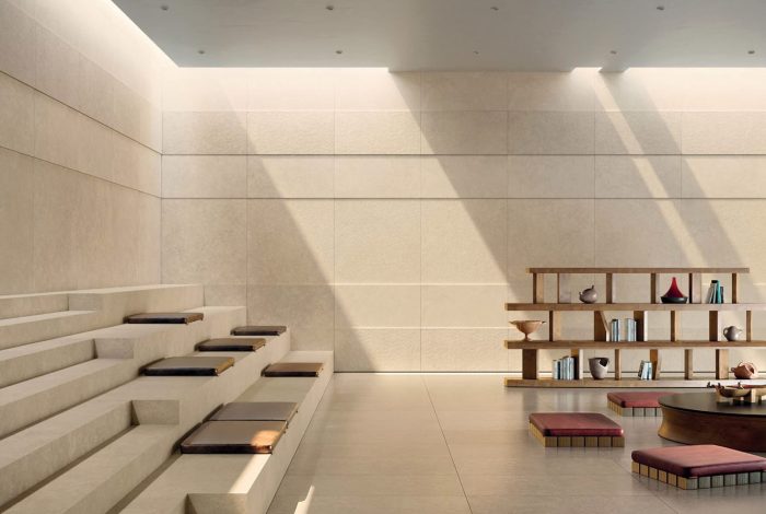 Carrelage grès cérame aspect pierre calcaire naturelle claire PUREZZA 4 coloris magasin de carrelages haut de gamme PORTO VENERE à Montpellier