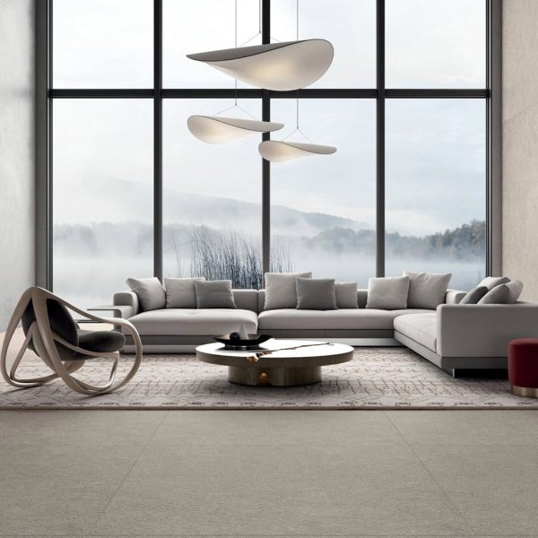 Carrelage salon design effet pierre grand format 120x120 cm et 120x278 cm Purezza Pearl
