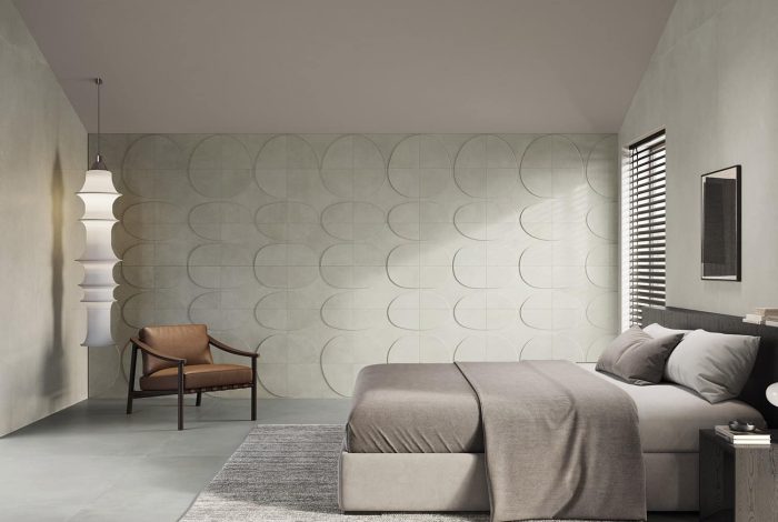 Carrelage effet béton minimaliste gris uni Monticelli Grey ambiance chambre