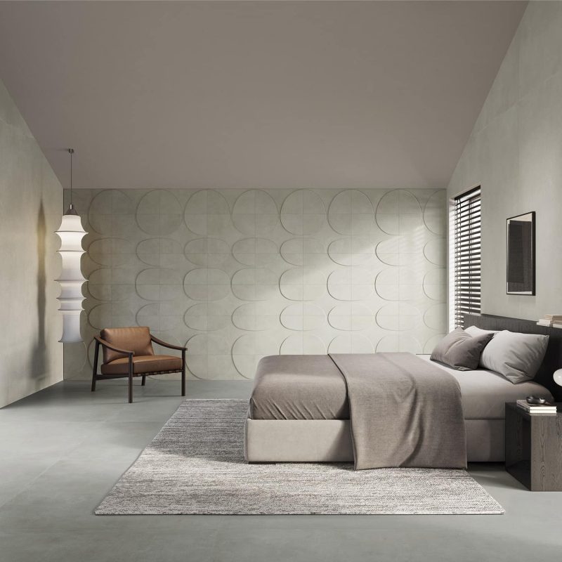 Carrelage effet béton minimaliste gris uni Monticelli Grey ambiance chambre