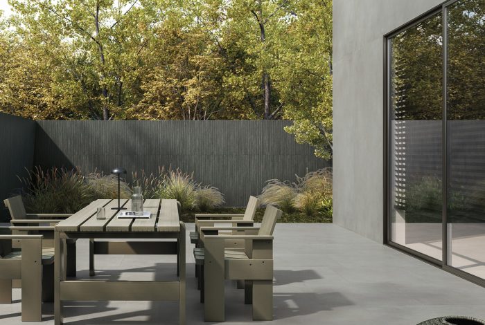 Carrelage effet béton minimaliste gris uni Monticelli Grey terrasse exterieure