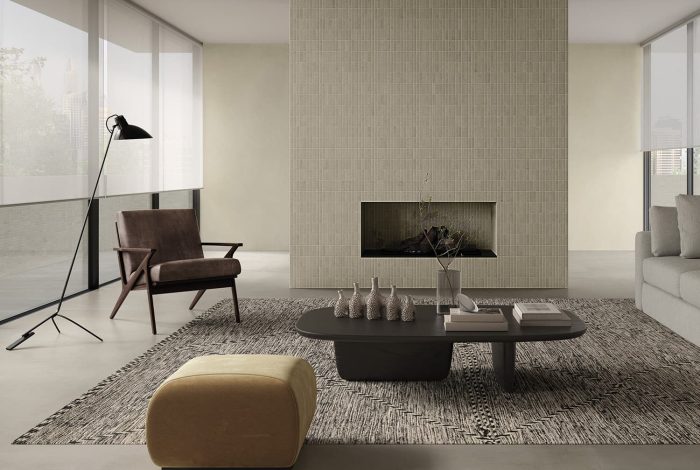 Carrelage effet béton minimaliste uni Monticelli Beige sol de sejour villa contemporaine