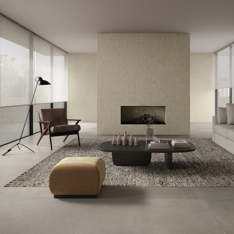 Carrelage effet béton minimaliste uni Monticelli Beige sol de sejour villa contemporaine