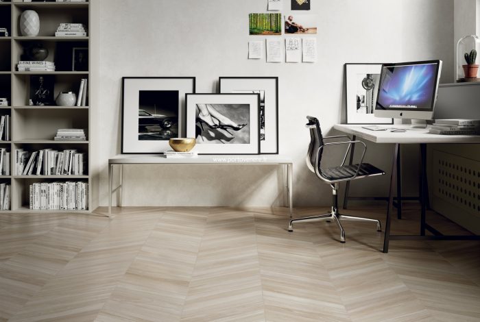 Carrelage-effet-parquet-bois-blanc-pose-chevron-Silkwood-White-11x54cm