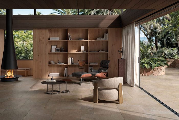 Carrelage effet pierre pose en différentes tailles en intérieur et extérieur d'une villa design Porto Venere à Montpellier 34