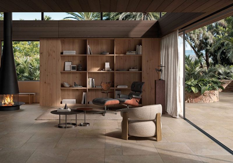 Carrelage effet pierre pose en différentes tailles en intérieur et extérieur d'une villa design Porto Venere à Montpellier 34