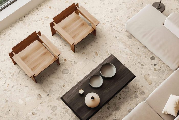 Carrelage effet terrazzo en grès cérame 5 coloris disponibles en finition terrazzo léger ou plus marqué TIVOLI pour intérieur et extérieur - Magasin Porto Venere à Montpellier 34