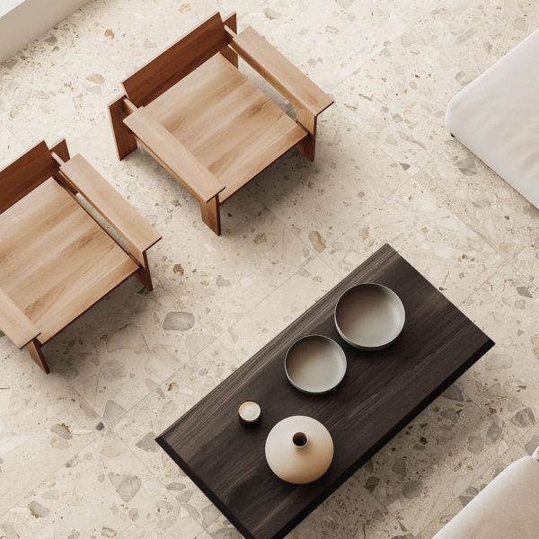 Carrelage effet terrazzo en grès cérame 5 coloris disponibles en finition terrazzo léger ou plus marqué TIVOLI pour intérieur et extérieur - Magasin Porto Venere à Montpellier 34