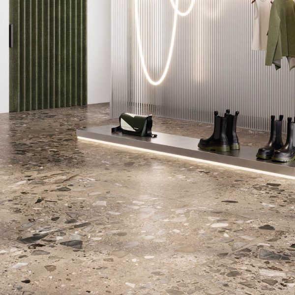 Carrelage effet terrazzo en grès cérame 5 coloris disponibles en finition terrazzo léger ou plus marqué TIVOLI pour intérieur et extérieur - Magasin Porto Venere à Montpellier 34