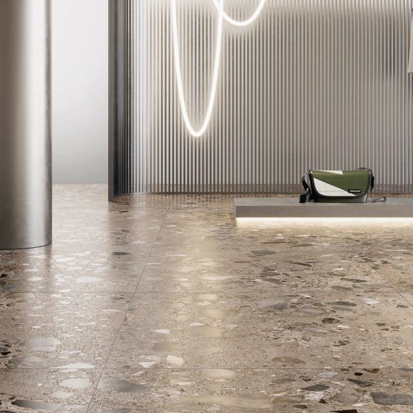 Carrelage effet terrazzo en grès cérame 5 coloris disponibles en finition terrazzo léger ou plus marqué TIVOLI pour intérieur et extérieur - Magasin Porto Venere à Montpellier 34
