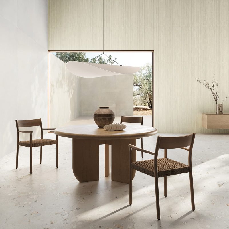 Carrelage effet terrazzo minimaliste blanc Monticelli White Ciottolo ambiance salle a manger