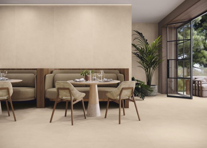 Séjour avec carrelage effet terre cuite DELICATESSE pour sols et murs - Magasin PORTO VENERE MONTPELLIER dans l'Hérault 34