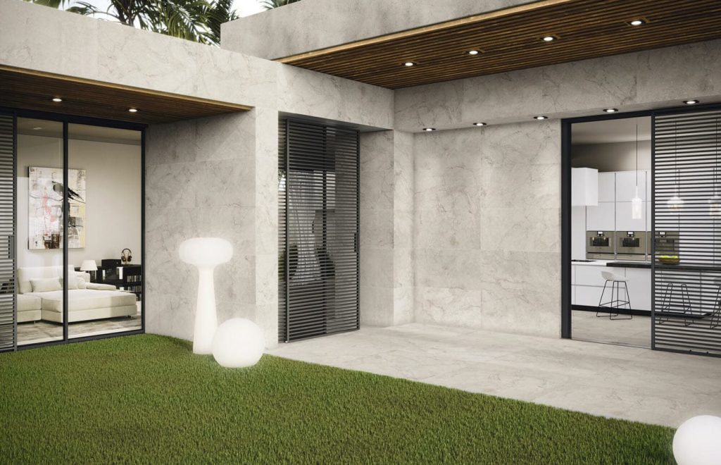 Carrelage clair coloris crème style pierre veinée Mazari