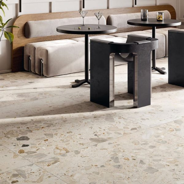 Carrelage XXL effet terrazzo en grès cérame 5 coloris disponibles en finition terrazzo léger ou plus marqué TIVOLI pour intérieur et extérieur - Magasin Porto Venere à Montpellier 34