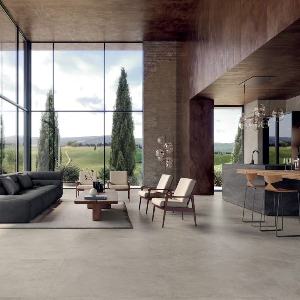Villa d'architecte avec Carrelage sol et mur design esprit naturel PIERRE DU SUD coloris Rodi finition Honed adouci au sol et soft 6,5mm au mur
