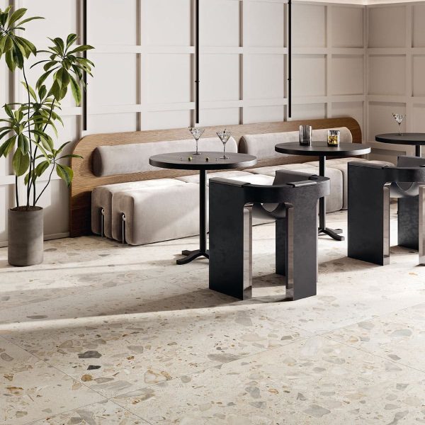 Carrelage XXL effet terrazzo en grès cérame 5 coloris disponibles en finition terrazzo léger ou plus marqué TIVOLI pour intérieur et extérieur - Magasin Porto Venere à Montpellier 34