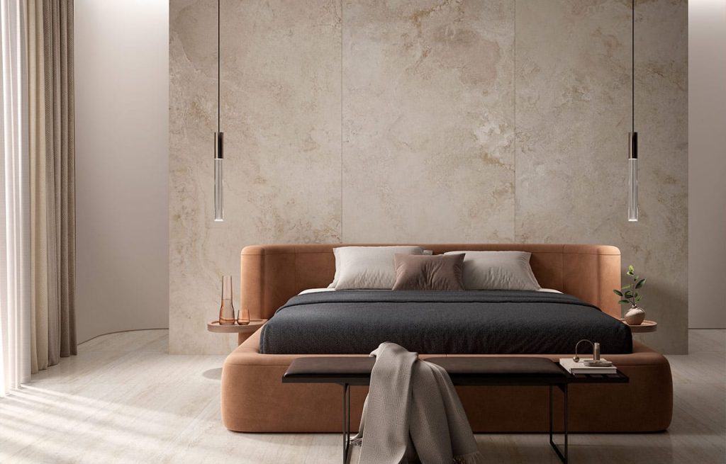 Idée aménagement suite parentale sole t mur effet naturel en en céramique pierre et travertin Ondrata Ivory