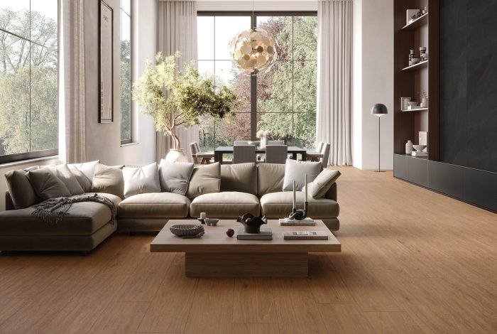 Carrelage imitation parquet bois Chai Cherry Natural ambiance sejour 4