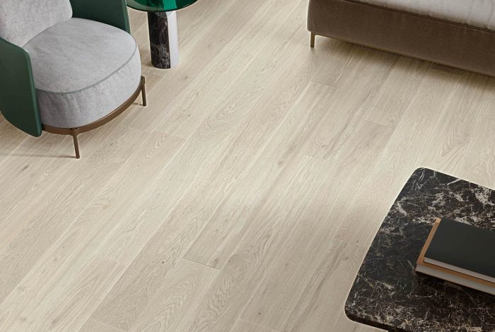 Carrelage imitation parquet pose en baton rompu sejour Alicante Chene Blanc 1