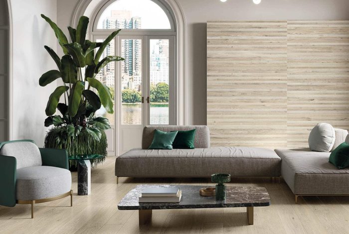 Carrelage imitation parquet pose en baton rompu sejour Alicante Chene Blanc 2