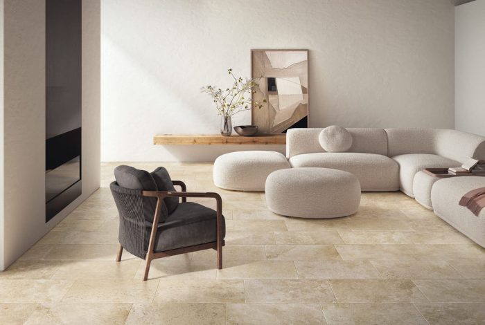 Carrelage 1er choix aspect pierre naturelle travertin pour intérieur et extérieur