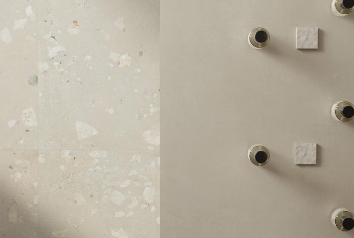 Carrelage sol boutique effet terrazzo taupe Monticelli Flax Ciottolo 2