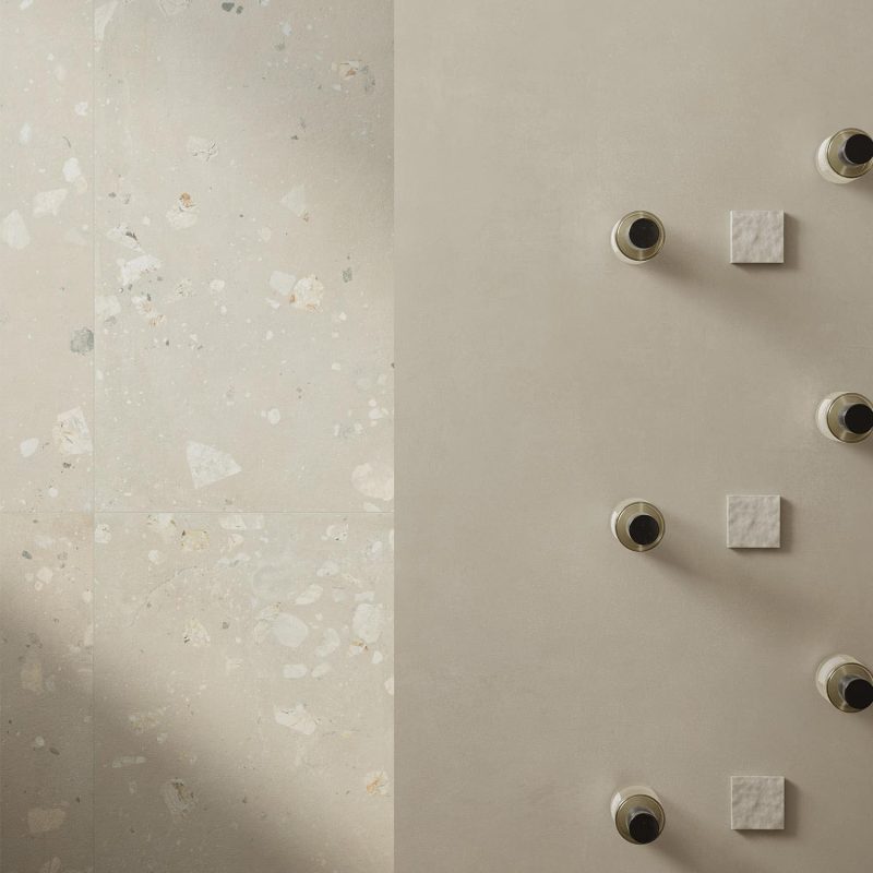 Carrelage sol boutique effet terrazzo taupe Monticelli Flax Ciottolo 2