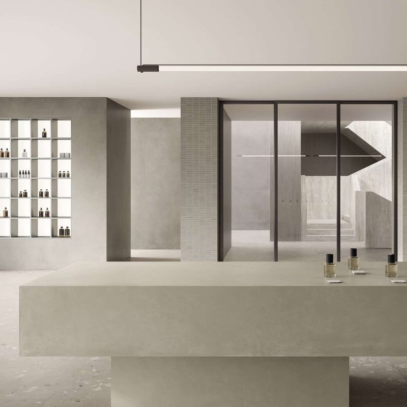 Carrelage sol boutique effet terrazzo taupe Monticelli Flax Ciottolo