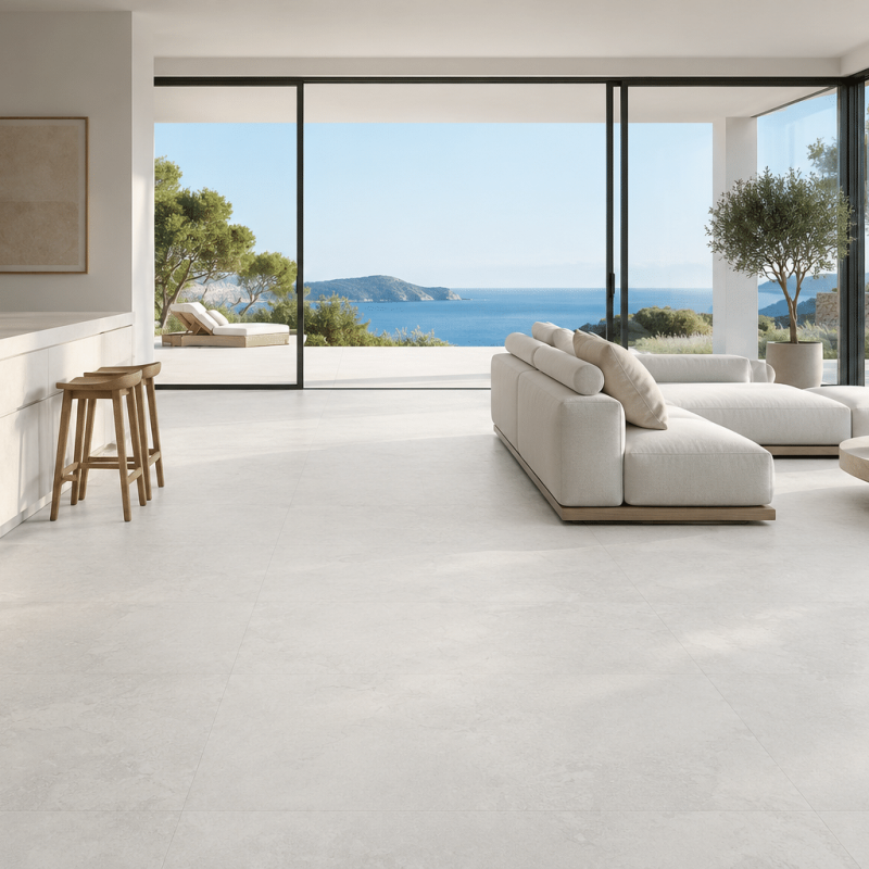 Carrelage sol de villa cotemporaine grand format effet pierre Kansas Blanco 60x120