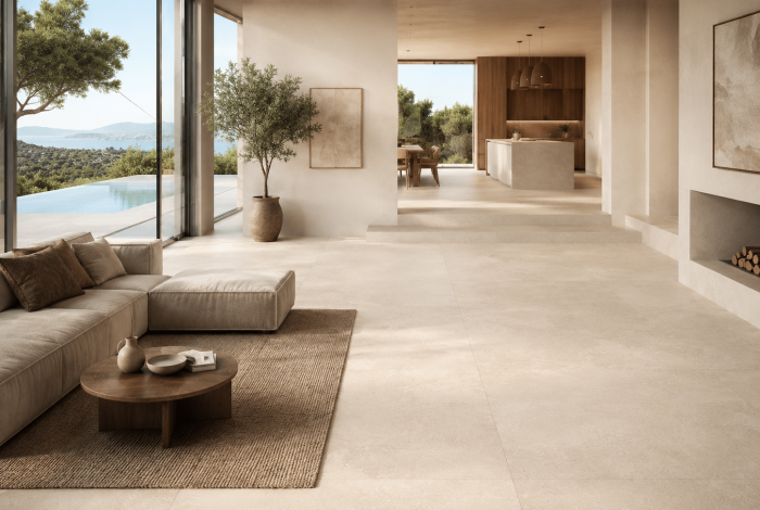 Carrelage sol de villa cotemporaine grand format effet pierre Kansas Marfil 120x120