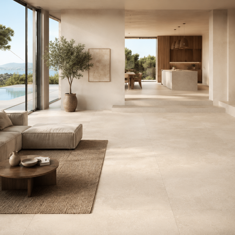 Carrelage sol de villa cotemporaine grand format effet pierre Kansas Marfil 120x120